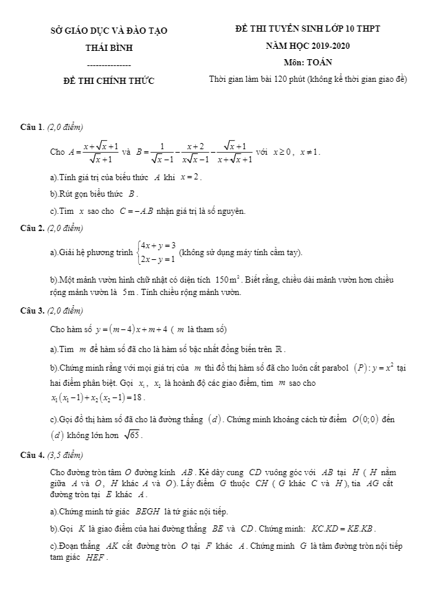Đề tuyển sinh THPT năm 2019 2020 môn Toán sở GD ĐT Thái Bình