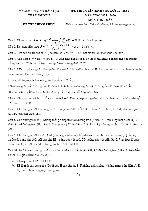 Đề tuyển sinh THPT năm 2019 2020 môn Toán sở GD ĐT Thái Nguyên
