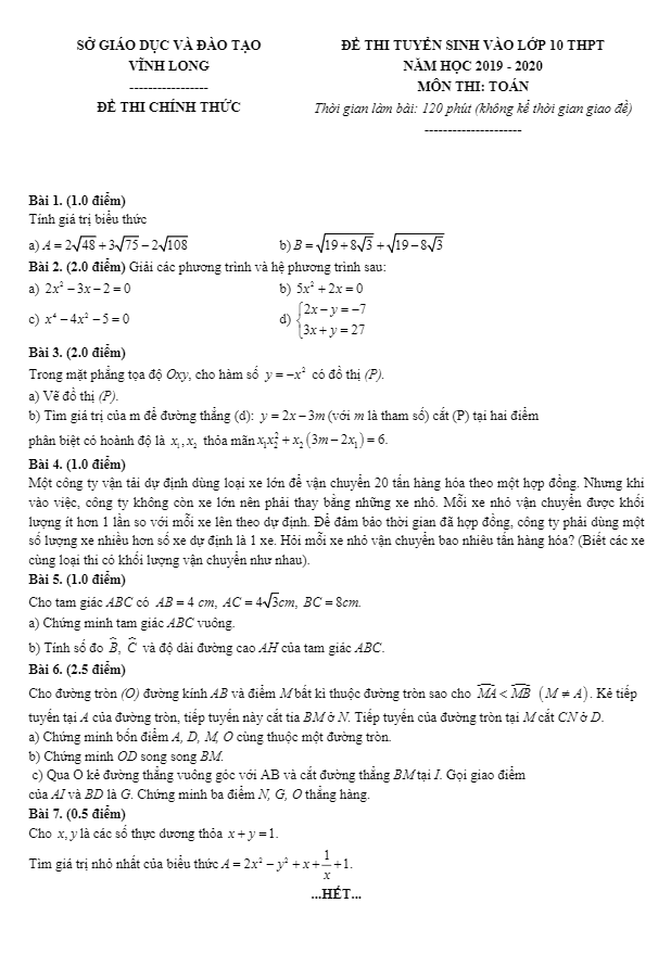Đề tuyển sinh THPT năm 2019 2020 môn Toán sở GD ĐT Vĩnh Long