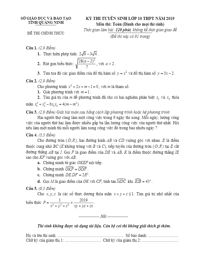 Đề tuyển sinh THPT năm 2019 môn Toán sở GD ĐT Quảng Ninh