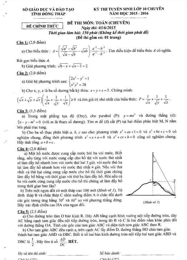 Đề tuyển sinh vào 10 chuyên môn Toán chuyên năm 2015 2016 sở GD ĐT Đồng Tháp