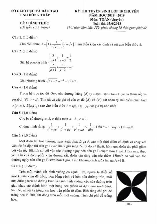Đề tuyển sinh vào 10 chuyên môn Toán chuyên năm 2018 2019 sở GD ĐT Đồng Tháp