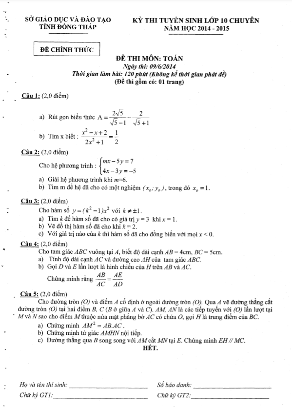 Đề tuyển sinh vào 10 chuyên môn Toán cơ sở năm 2014 2015 sở GD ĐT Đồng Tháp