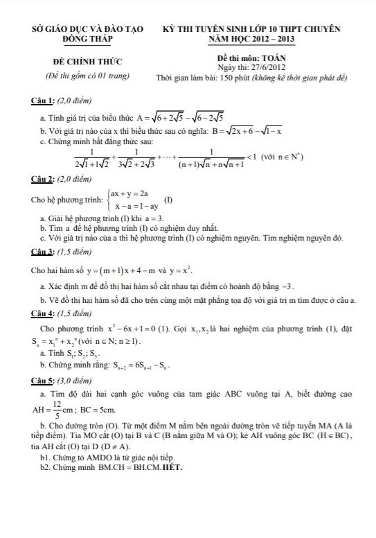 Đề tuyển sinh vào 10 chuyên môn Toán năm 2012 2013 sở GD ĐT Đồng Tháp