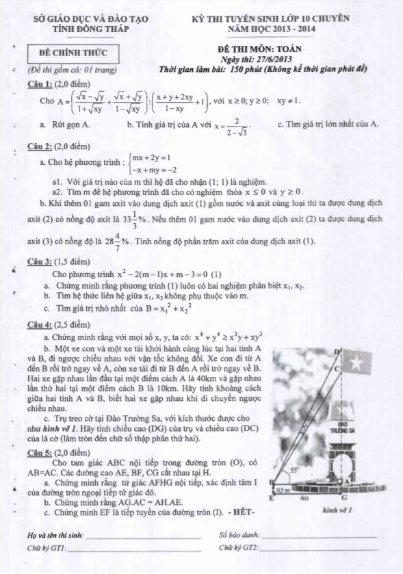 Đề tuyển sinh vào 10 chuyên môn Toán năm 2013 2014 sở GD ĐT Đồng Tháp