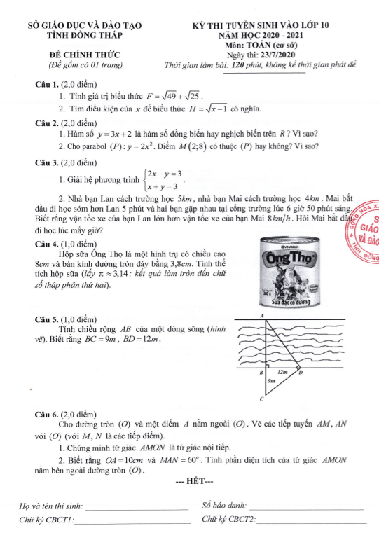 Đề tuyển sinh vào 10 môn Toán cơ sở năm 2020 2021 sở GD ĐT Đồng Tháp