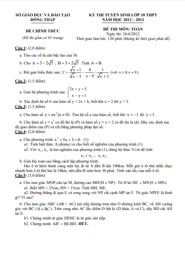Đề tuyển sinh vào 10 môn Toán năm 2012 2013 sở GD ĐT Đồng Tháp