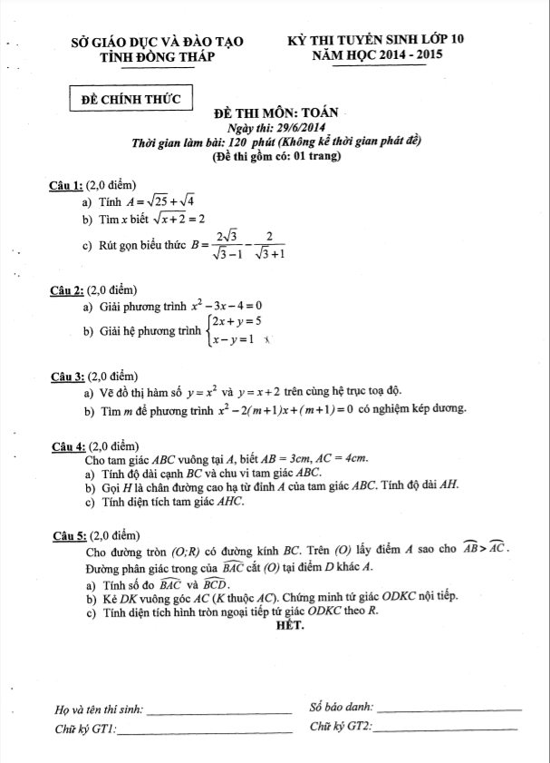 Đề tuyển sinh vào 10 môn Toán năm 2014 2015 sở GD ĐT Đồng Tháp