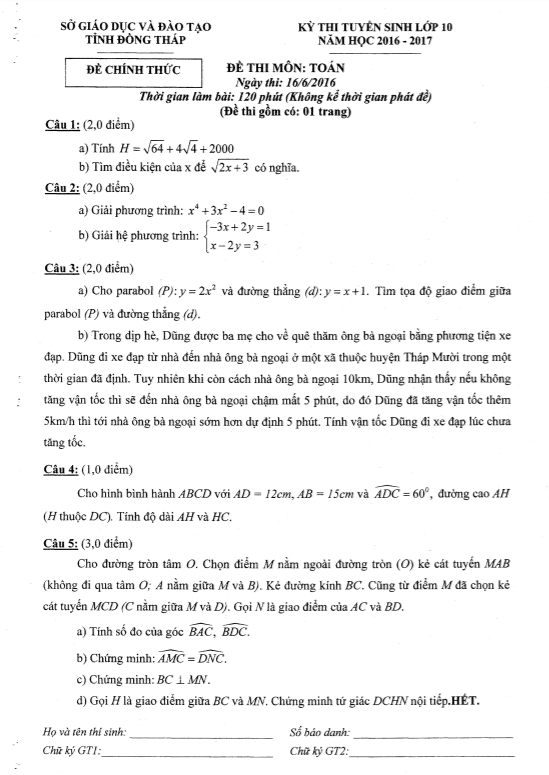 Đề tuyển sinh vào 10 môn Toán năm 2016 2017 sở GD ĐT Đồng Tháp