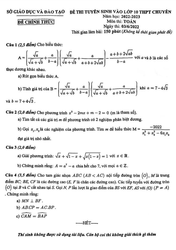Đề tuyển sinh vào chuyên môn Toán năm 2022 2023 sở GD ĐT Bình Dương