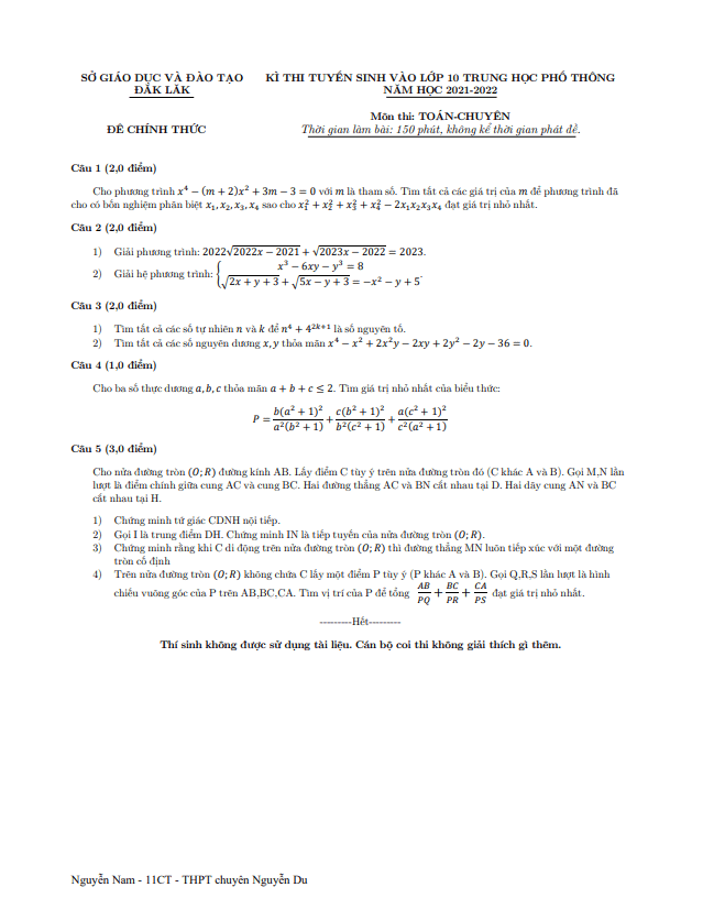 Đề tuyển sinh vào môn Toán (chuyên) năm 2021 2022 sở GD ĐT Đắk Lắk