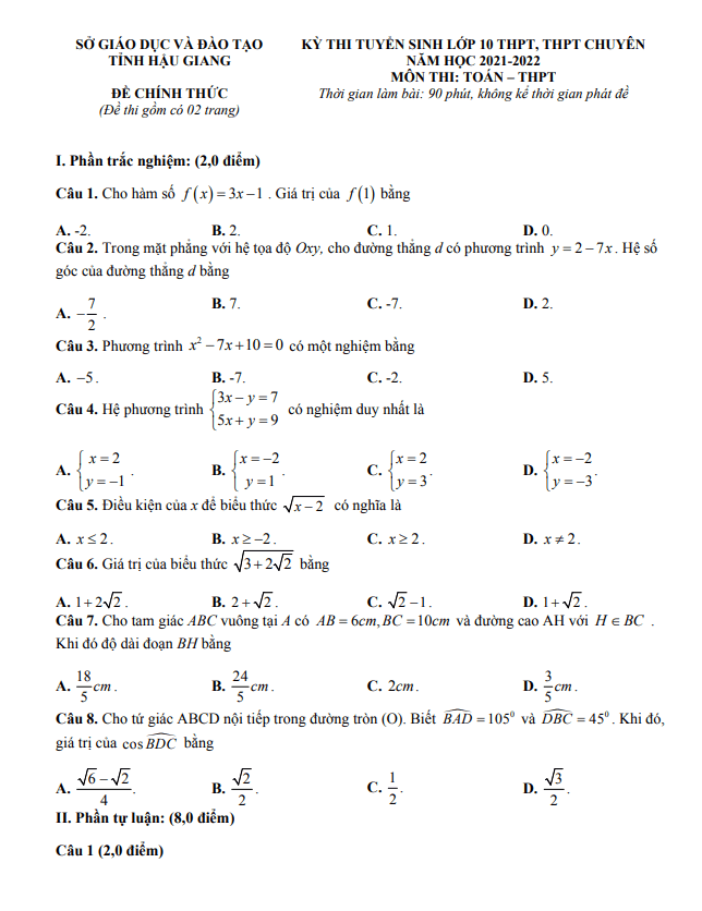 Đề tuyển sinh vào môn Toán năm 2021 2022 sở GD ĐT Hậu Giang