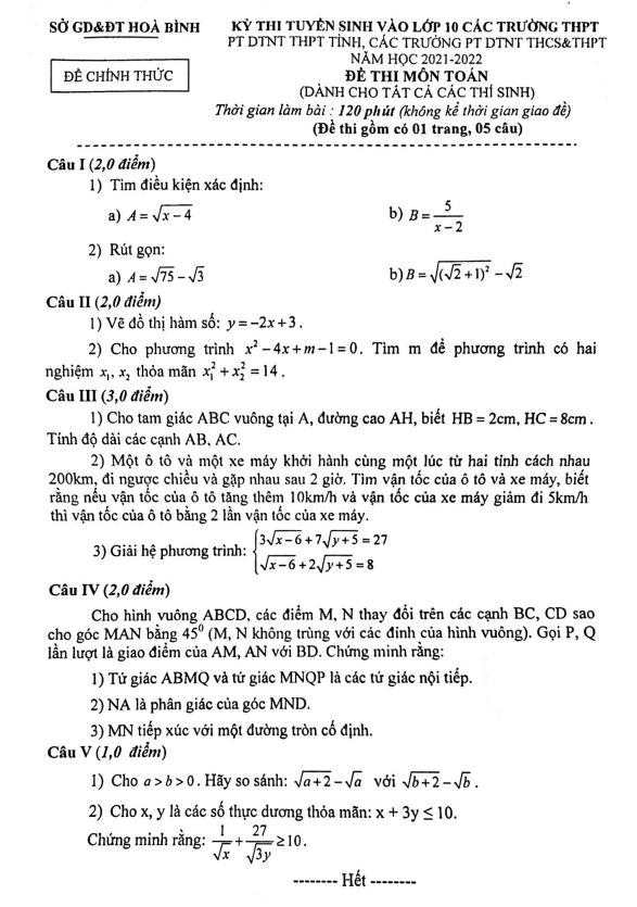 Đề tuyển sinh vào môn Toán năm 2021 2022 sở GD ĐT Hòa Bình