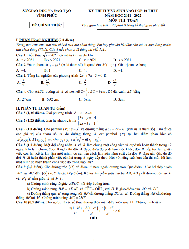 Đề tuyển sinh vào môn Toán năm 2021 2022 sở GD ĐT Vĩnh Phúc