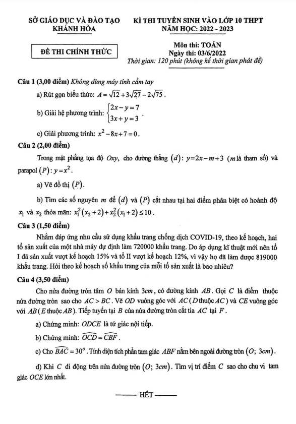 Đề tuyển sinh vào môn Toán năm 2022 2023 sở GD ĐT Khánh Hòa