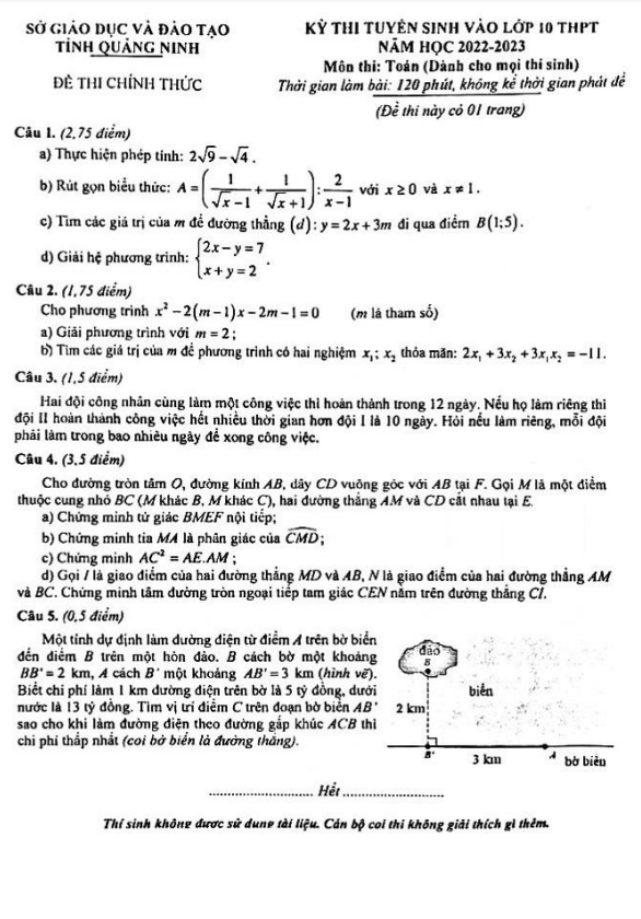 Đề tuyển sinh vào môn Toán năm 2022 2023 sở GD ĐT Quảng Ninh