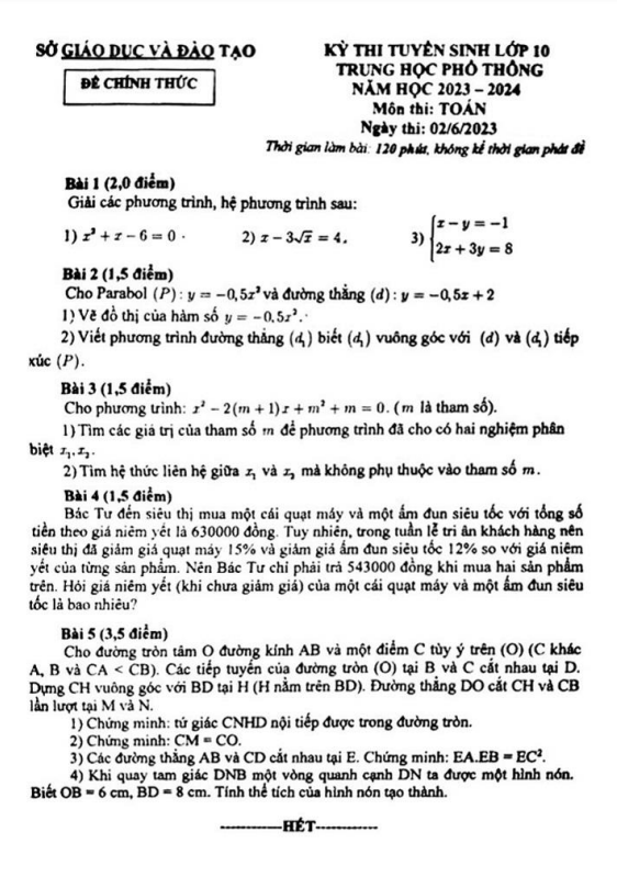 Đề tuyển sinh vào môn Toán năm 2023 2024 sở GD ĐT Bình Dương