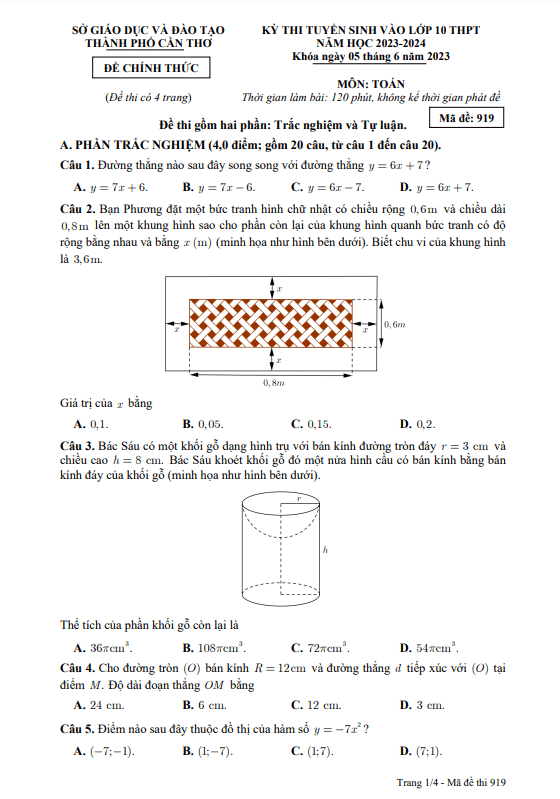 Đề tuyển sinh vào môn Toán năm 2023 2024 sở GD ĐT Cần Thơ