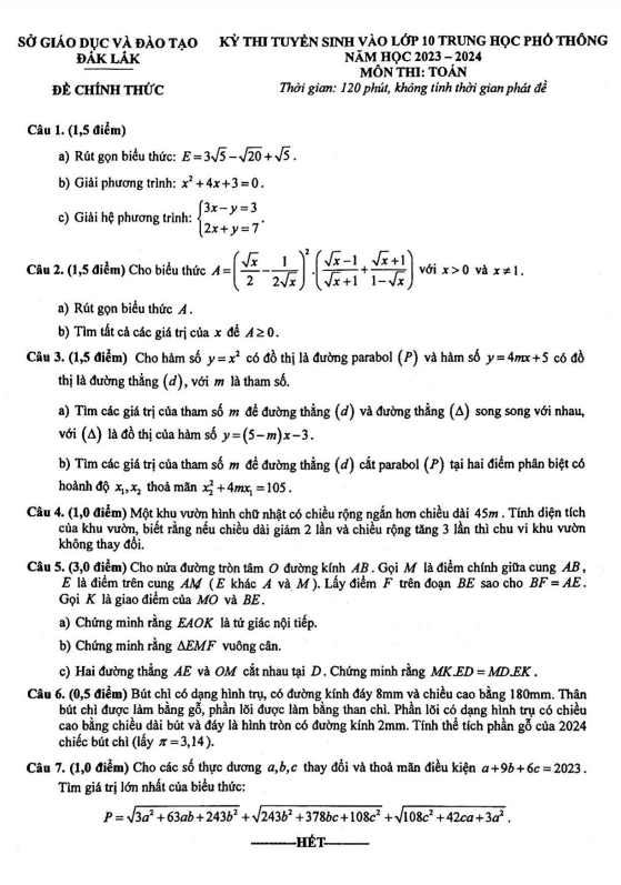 Đề tuyển sinh vào môn Toán năm 2023 2024 sở GD ĐT Đắk Lắk