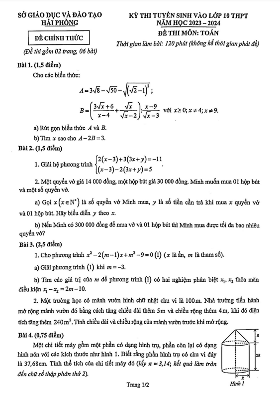 Đề tuyển sinh vào môn Toán năm 2023 2024 sở GD ĐT Hải Phòng