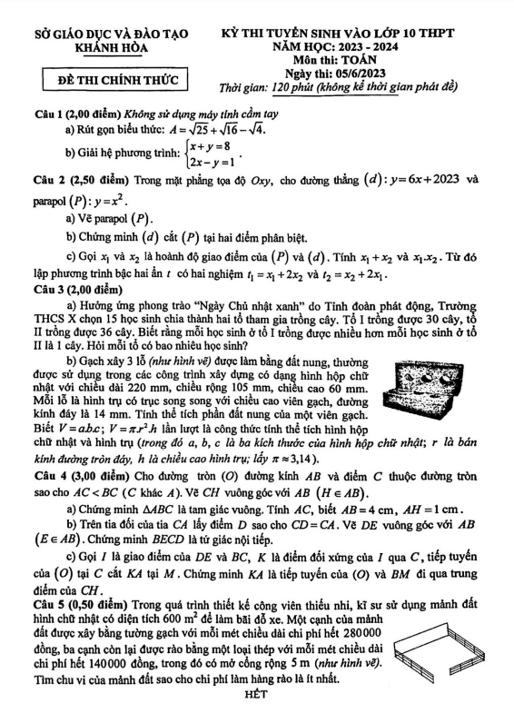 Đề tuyển sinh vào môn Toán năm 2023 2024 sở GD ĐT Khánh Hòa