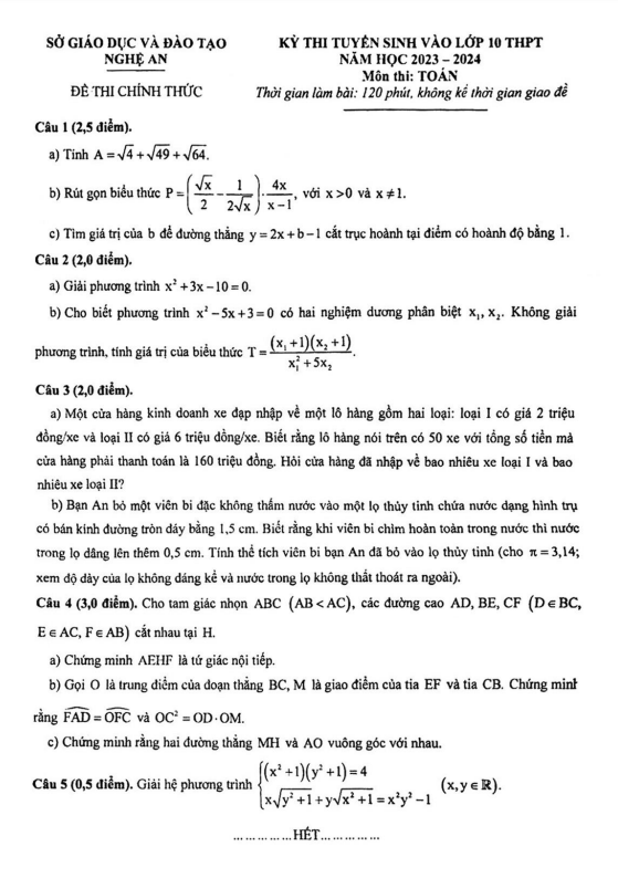 Đề tuyển sinh vào môn Toán năm 2023 2024 sở GD ĐT Nghệ An