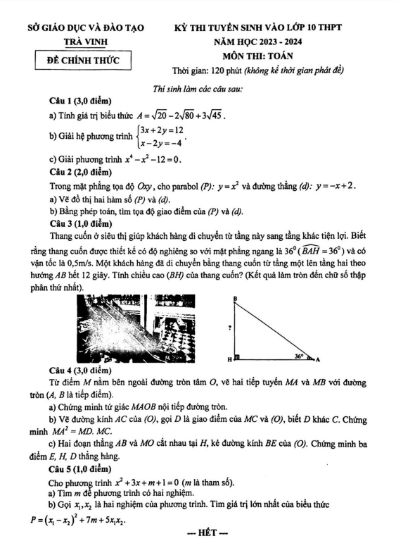 Đề tuyển sinh vào môn Toán năm 2023 2024 sở GD ĐT Trà Vinh