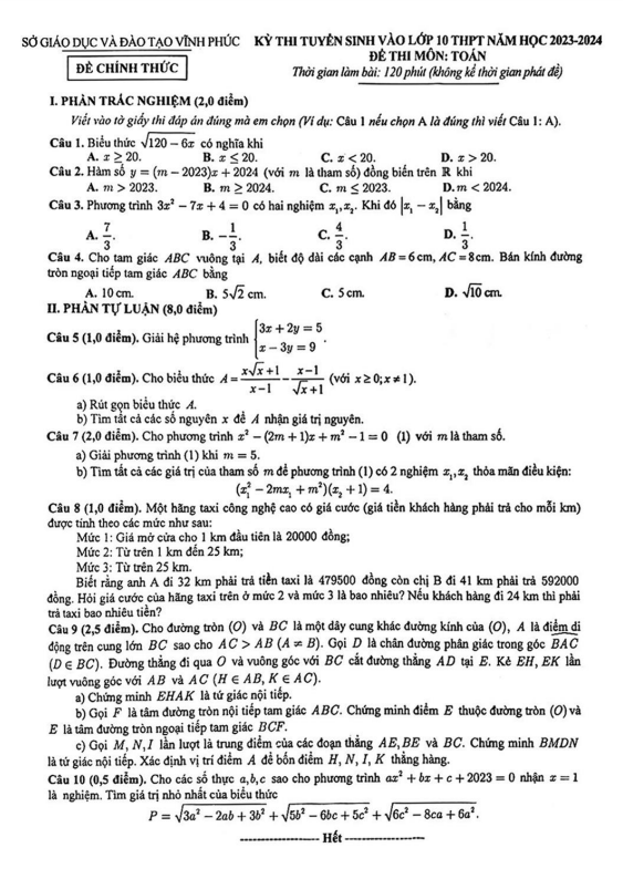 Đề tuyển sinh vào môn Toán năm 2023 2024 sở GD ĐT Vĩnh Phúc