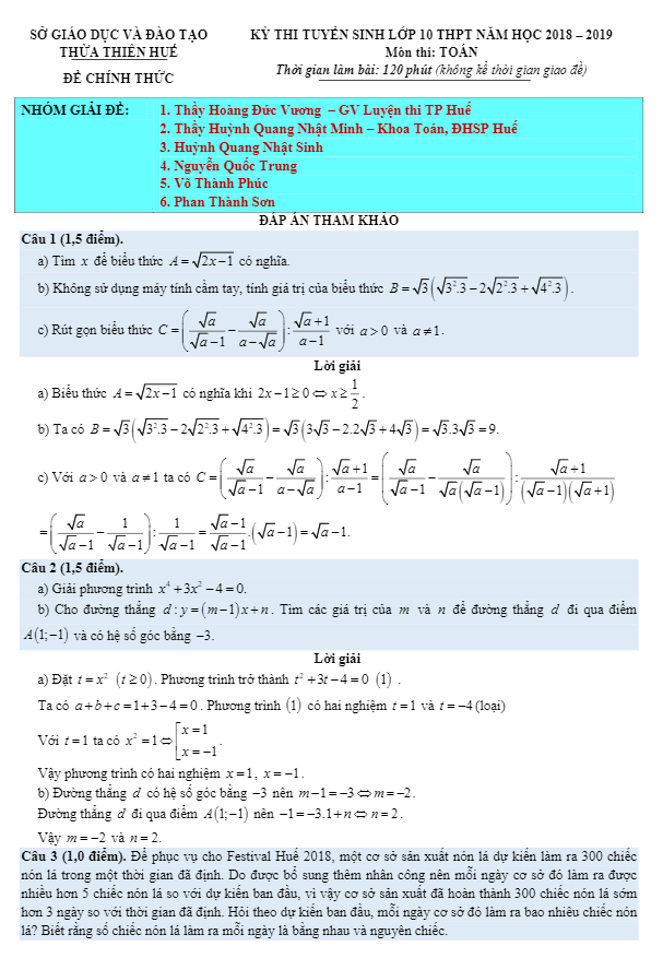 Đề tuyển sinh vào THPT môn Toán năm 2018 2019 sở GD và ĐT Thừa Thiên Huế