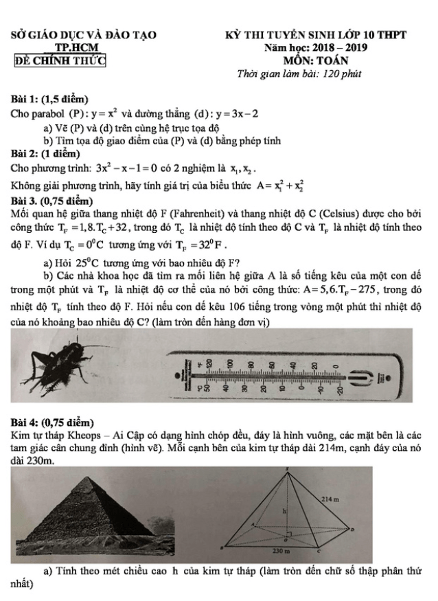 Đề tuyển sinh vào THPT môn Toán năm 2018 2019 sở GD và ĐT TP. HCM