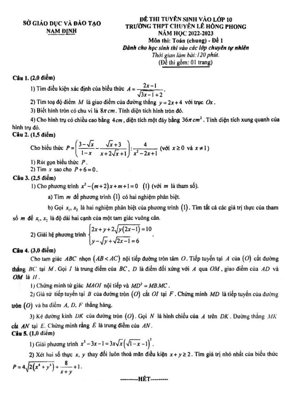 Đề vào môn Toán (chung) năm 2022 2023 trường chuyên Lê Hồng Phong Nam Định