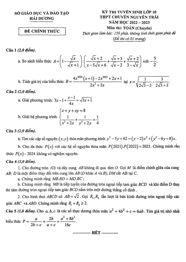 Đề vào môn Toán (chuyên) 2022 2023 trường chuyên Nguyễn Trãi Hải Dương