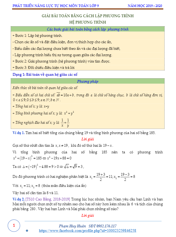 Giải bài toán bằng cách lập phương trình, hệ phương trình Phạm Huy Huân