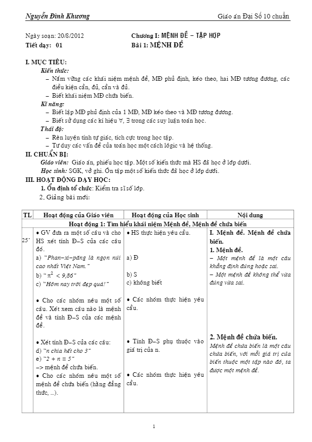 Giáo án Đại số 10 cơ bản Nguyễn Đình Khương