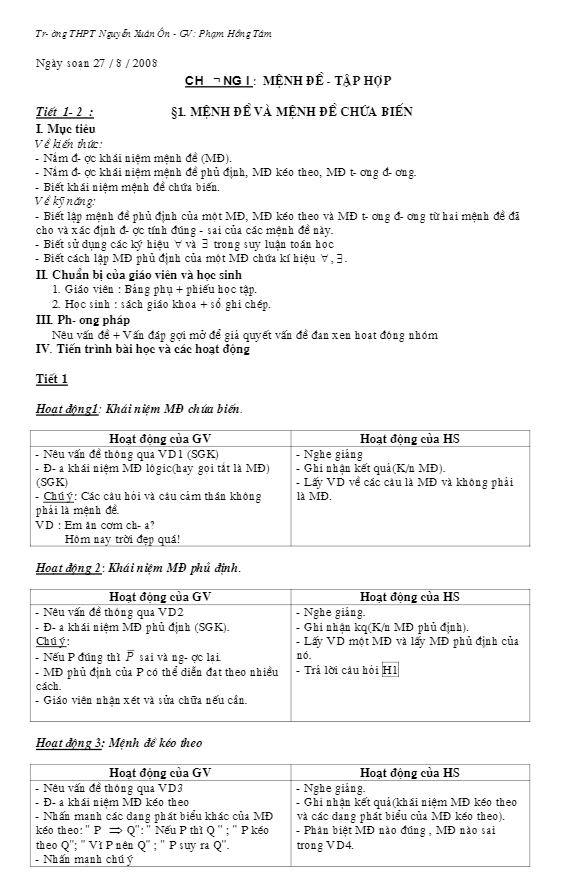 Giáo án Đại số 10 cơ bản Phạm Hồng Tâm