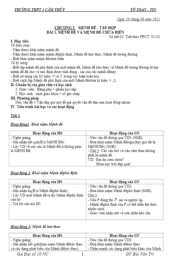 Giáo án Đại số 10 nâng cao Bùi Văn Trí