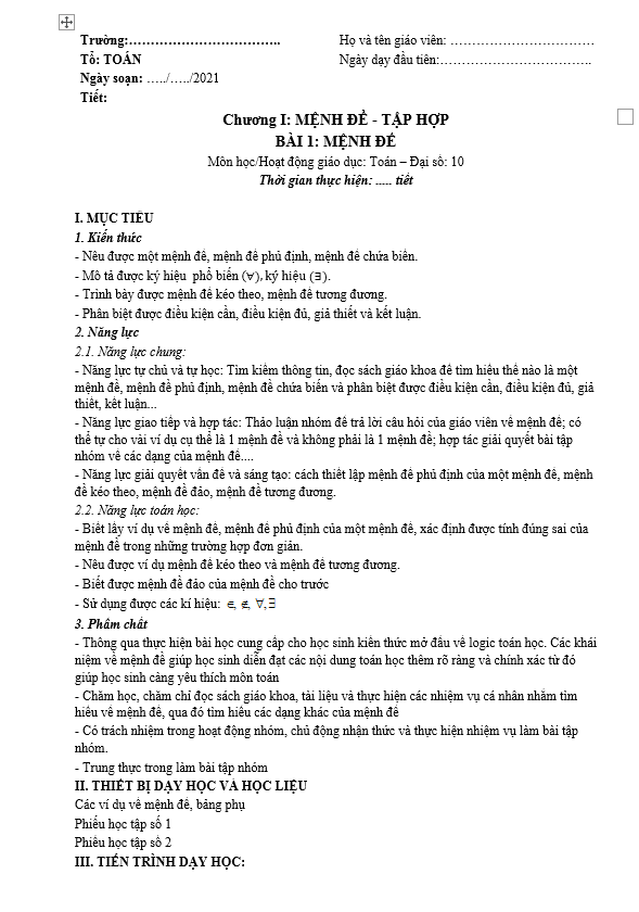 Giáo án dạy học lớp 10 môn Toán theo công văn số 5512/BGDĐT-GDTrH