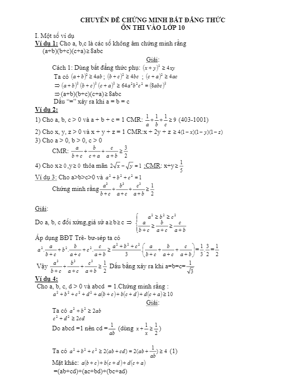 Hướng dẫn giải một số bài toán bất đẳng thức ôn thi vào 