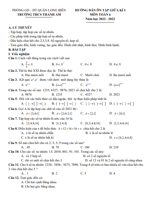 Hướng dẫn ôn tập giữa học kì 1 (HK1) lớp 6 môn Toán năm 2022 2023 THCS Thanh Am Hà Nội