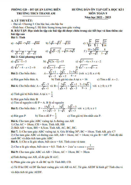 Hướng dẫn ôn tập giữa học kì 1 (HK1) lớp 9 môn Toán năm 2022 2023 THCS Thanh Am Hà Nội