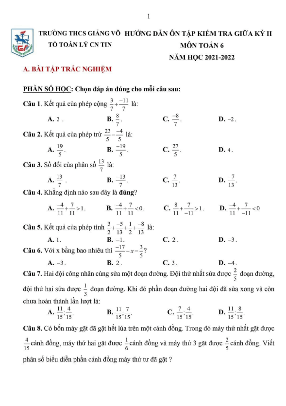 Hướng dẫn ôn tập giữa học kì 2 (HK2) lớp 6 môn Toán năm 2021 2022 trường THCS Giảng Võ Hà Nội