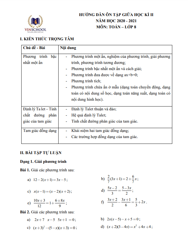 Hướng dẫn ôn tập giữa học kì 2 (HK2) lớp 8 môn Toán năm 2020 2021 trường Vinschool Hà Nội