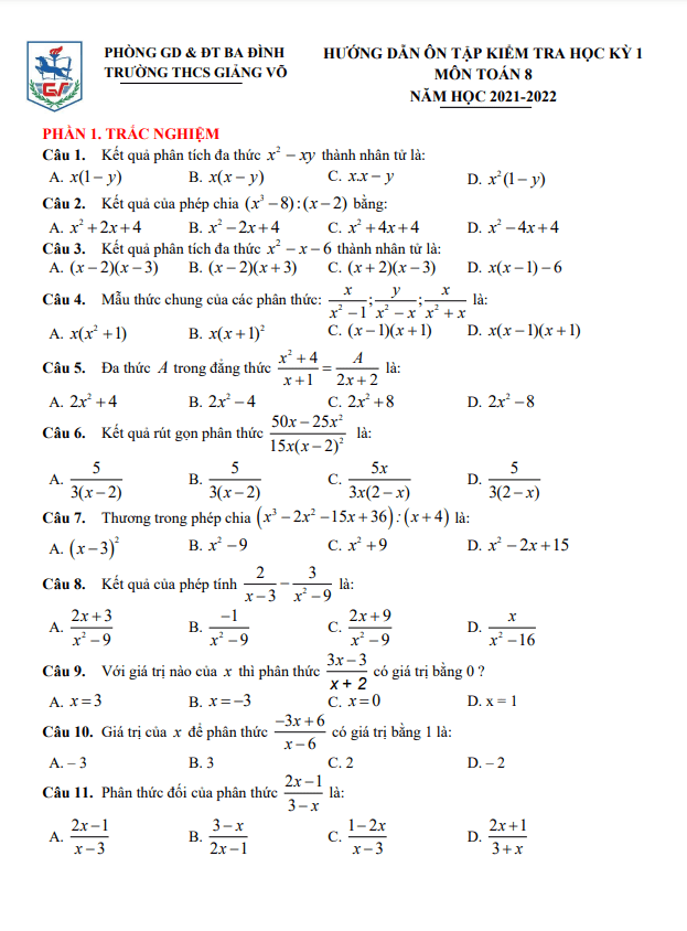 Hướng dẫn ôn tập học kì 1 (HK1) lớp 8 môn Toán năm 2021 2022 trường THCS Giảng Võ Hà Nội