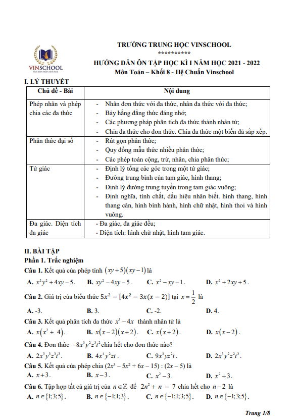 Hướng dẫn ôn tập học kì 1 (HK1) lớp 8 môn Toán năm 2021 2022 trường Vinschool Hà Nội