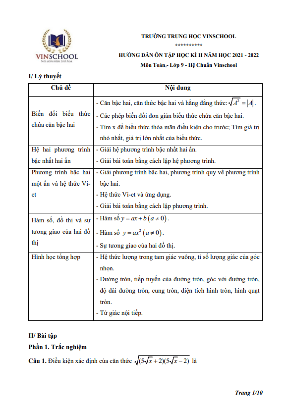 Hướng dẫn ôn tập học kì 2 (HK2) lớp 9 môn Toán năm 2021 2022 trường Vinschool Hà Nội