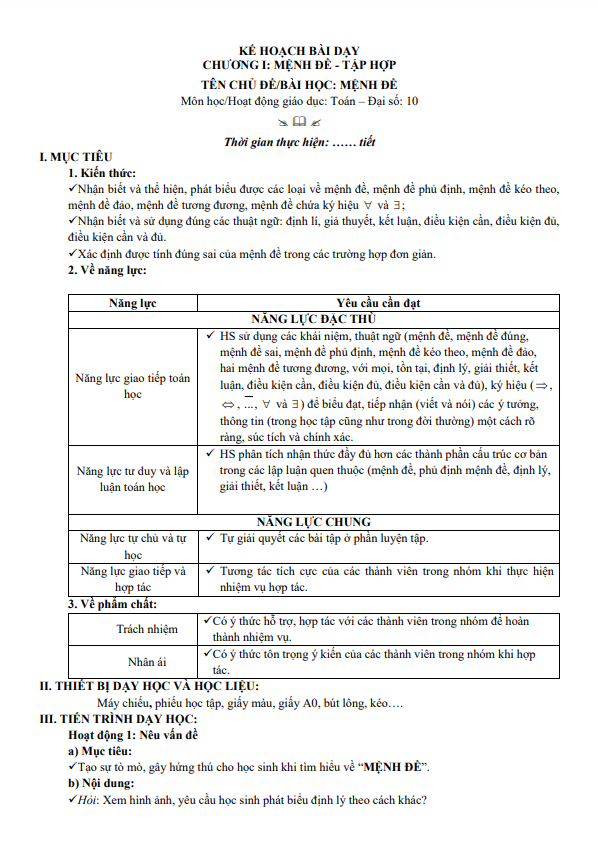 Kế hoạch bài dạy lớp 10 môn Toán Chân Trời Sáng Tạo