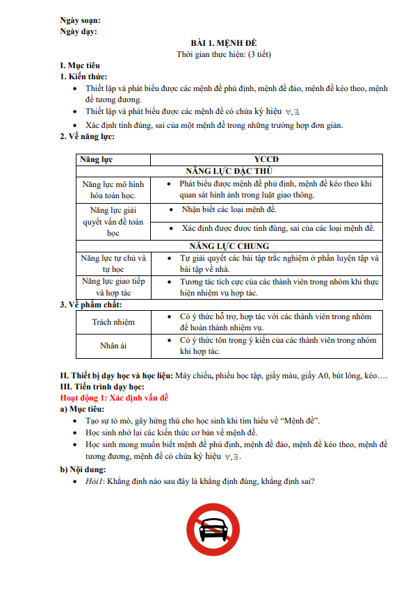 Kế hoạch bài dạy lớp 10 môn Toán Kết Nối Tri Thức Với Cuộc Sống