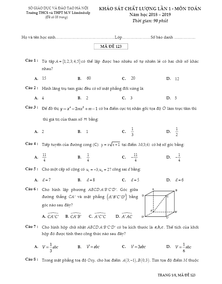 Khảo sát chất lượng Toán 12 năm học 2018 2019 trường M.V Lômônôxốp Hà Nội lần 1