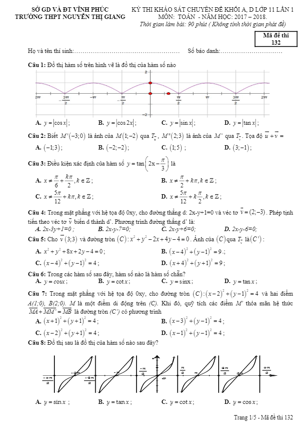 Khảo sát chuyên đề lớp 11 môn Toán lần 1 năm học 2017 2018 trường Nguyễn Thị Giang Vĩnh Phúc