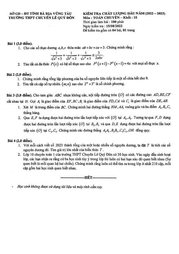 Kiểm tra chất lượng lớp 10 môn Toán chuyên đầu năm 2022 2023 chuyên Lê Quý Đôn BR VT